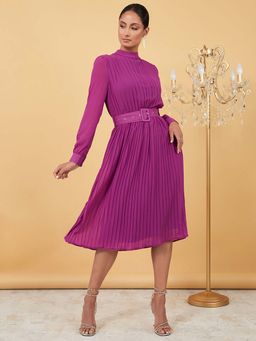 Styli - Purple Long Sleeves High Neck Pleated A-line Midi Dress With Belt (Set of 2)
