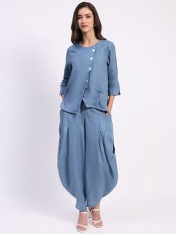 Global Republic - Women Blue Linen Solid Round Neck Co-Ord Set