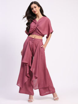 Global Republic - Women Pink Linen Solid V-Neck Co-Ord Set