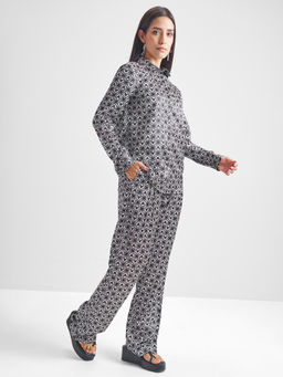 TOKYO TALKIES - Women Black Printed Logomania Satin Shirt with Pant