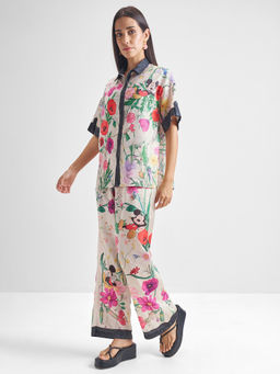 TOKYO TALKIES - Women White Printed Satin Disney Floral Shirt with Pant