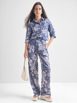 TOKYO TALKIES - Women Blue Floral Satin Disney Shirt with Pant