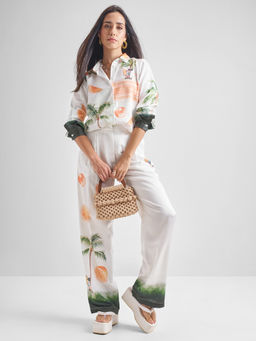 TOKYO TALKIES - Women White Printed Satin Shirt with Pant