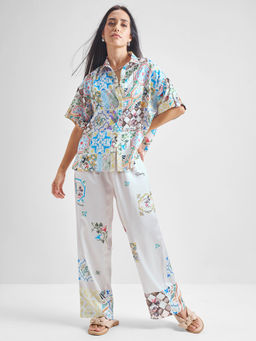 TOKYO TALKIES - Women White Printed Satin Shirt with Pant