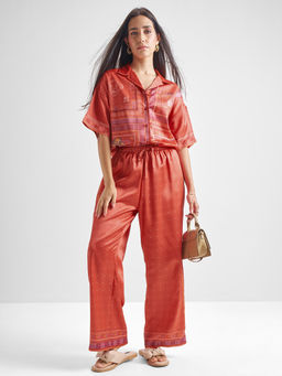 TOKYO TALKIES - Women Rust Printed Satin Shirt with Pant