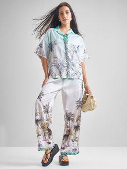 TOKYO TALKIES - Women Blue Floral Printed Satin Shirt with Pant