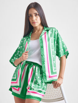 TOKYO TALKIES - Women Green Printed Satin Shirt with Shorts