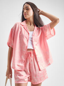 TOKYO TALKIES - Women Pink Paisley Printed Satin Shirt with Short