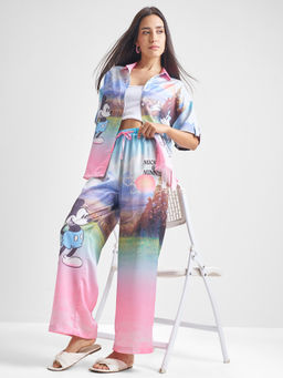TOKYO TALKIES - Women Pink Mickey Friends Printed Satin Shirt with Pant