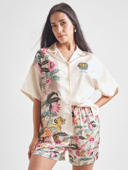 TOKYO TALKIES - Women Off White Floral Printed Satin Shirt with Shorts