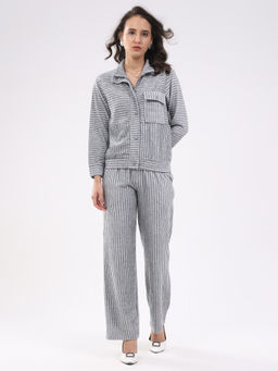 Global Republic - Women Grey Striped Collar Neck Co-Ord Set