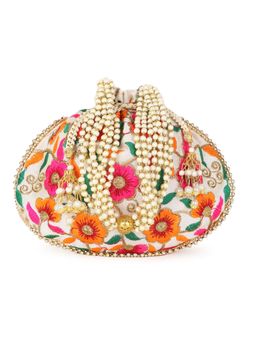 Anekaant - Dangle Cream and Multi Floral Embroidered Faux Silk Potli