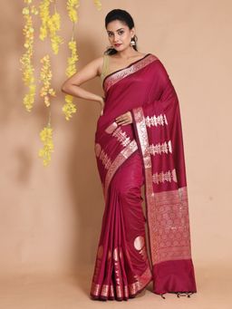 CHARUKRITI - Burgundy Silk Handwoven Zari Woven Floral Designs & Motifs Saree with Unstitched Blouse