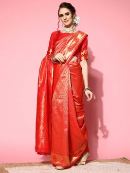 Akhilam - Womens Silk Blend Red Woven Design Designer Saree with Unstitched Blouse