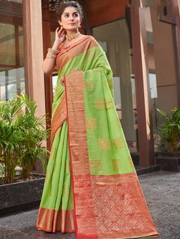 Odette - Womens Green Linen Woven Design Saree with Unstitched Blouse