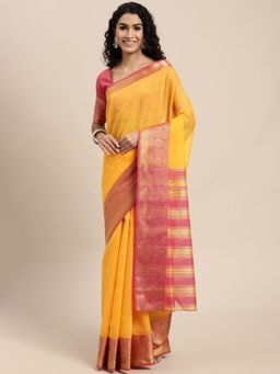 VAIRAGEE - Yellow and Red Borders Cotton Saree with Unstitched Blouse