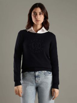 Tommy Hilfiger - Navy Blue Slim Fit Cotton Round Neck Sweater