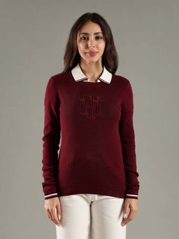 Tommy Hilfiger - Maroon Slim Fit Cotton Round Neck Sweater