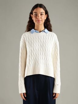 Tommy Hilfiger - White Regular Fit Cotton Crew Neck Sweater