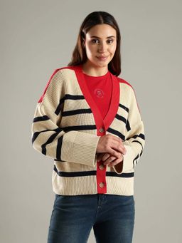 Tommy Hilfiger - Beige Relaxed Fit Cotton V-Neck Cardigan