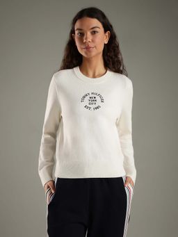 Tommy Hilfiger - Off White Regular Fit Cotton Crew Neck Sweater
