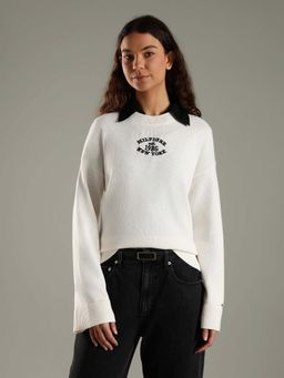Tommy Hilfiger - White Regular Fit Cotton Crew Neck Sweater