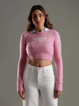 Tommy Hilfiger - Pink Regular Fit Polyester Crew Neck Sweater