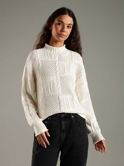 Tommy Hilfiger - White Relaxed Fit Cotton High Neck Sweater