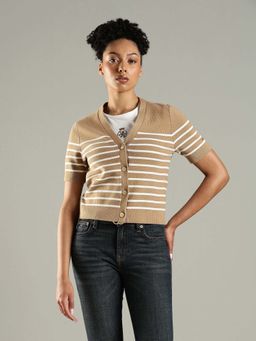 Tommy Hilfiger - Beige Regular Fit Cotton V-Neck Cardigan