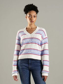 Tommy Hilfiger - White Relaxed Fit Cotton V-Neck Sweater