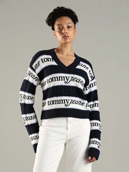 Tommy Hilfiger - Navy Blue Relaxed Fit Cotton V-Neck Sweater