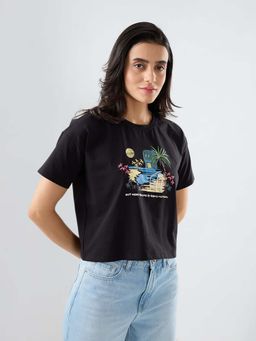 Spykar - Women Black Graphic Boxy Fit T-Shirt