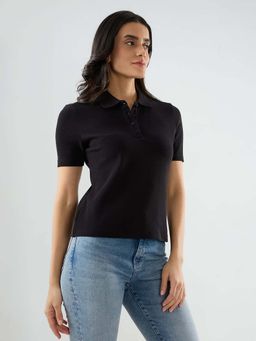 Spykar - Women Black Solid Regular Fit Polo T-Shirt