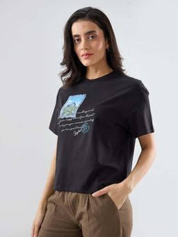 Spykar - Women Black Graphic Oversized Fit T-Shirt