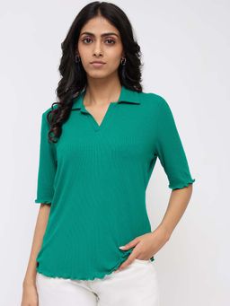 Spykar - Women Green Textured Regular Fit Polo T-Shirt