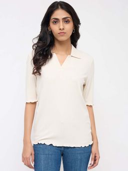 Spykar - Women White Textured Regular Fit Polo T-Shirt