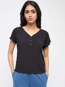 Spykar - Women Black Textured Regular Fit T-Shirt