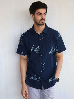 Chidiyaa - Blue Bird On Branch Block Printed Mens Shirt