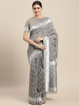 VAIRAGEE - Designer Grey Floral Woven Cotton Silk Saree with Unstitched Blouse