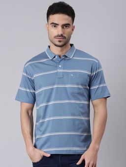 Classic Polo - Men Blue Polo Neck Authentic Fit Stripes Cotton T-shirt