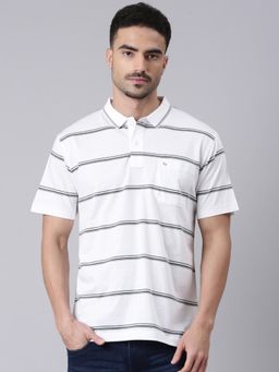 Classic Polo - Men White Polo Neck Authentic Fit Stripes Cotton T-shirt