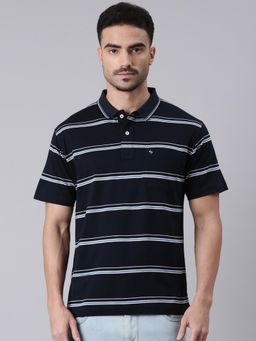 Classic Polo - Men Black Polo Neck Authentic Fit Stripes Cotton T-shirt