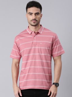 Classic Polo - Men Pink Polo Neck Authentic Fit Stripes Cotton T-shirt