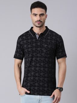Classic Polo - Men Black Polo Neck Slim Fit All Over Print Cotton T-shirt
