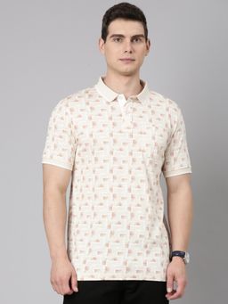 Classic Polo - Men Beige and Brown Polo Neck Slim Fit Print Cotton T-shirt