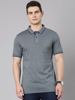 Classic Polo - Men Steel Grey Polo Neck Slim Fit All Over Print Cotton T-shirt