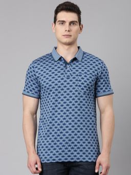 Classic Polo - Men Blue Polo Neck Slim Fit All Over Print Cotton T-shirt