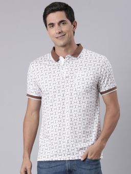 Classic Polo - Men White and Brown Polo Neck Slim Fit All Over Print Cotton T-shirt