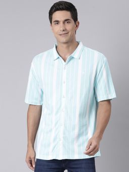 Classic Polo - Men Light Blue Polo Neck Stripes Cotton Drop Shoulder Knitted Shirt