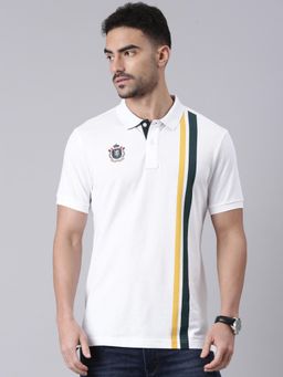 Classic Polo - Men White Polo Neck Slim Fit Stripes Cotton T-shirt
